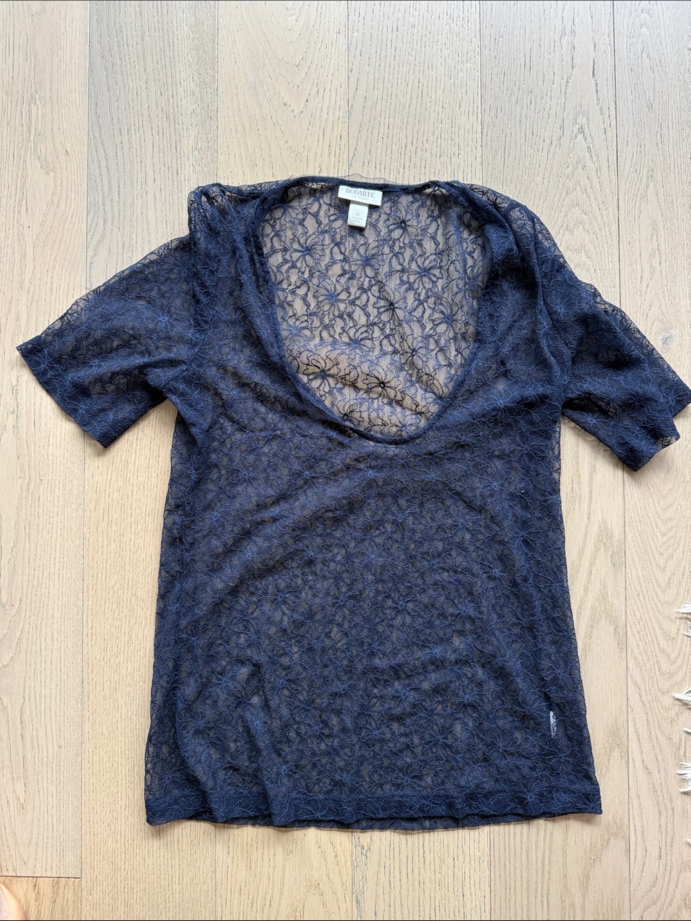 Rodarte for Target Navy Sheer Lace Scoop Neck Short Sleeve Top